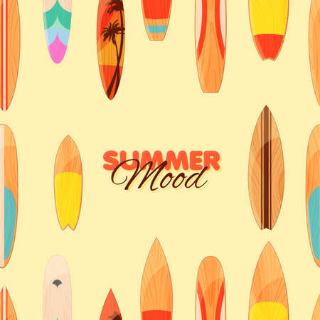 Surfboard seamless pattern. Summer banner template with colorful surfboards isolated on yellow background. Vector illustration.のイラスト素材