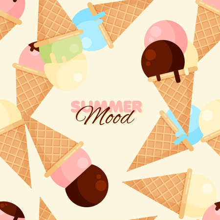 Cartoon ice-cream cone seamless pattern. Chocolate, vanilla and strawberry ice creams. Summer banner template. Vector illustration.のイラスト素材