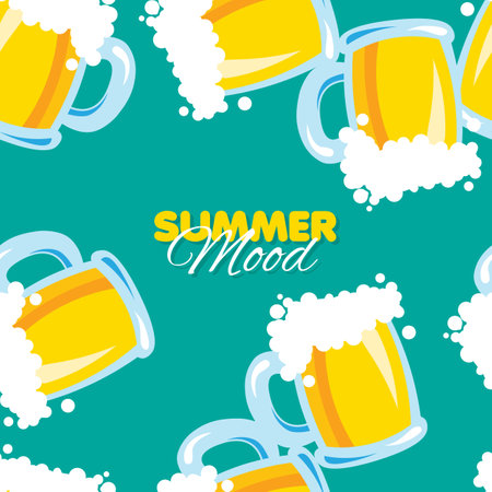 Seamless pattern with mug of beer on green background. Design for web page, fabric, wallpaper, textile, invitations, flyers.のイラスト素材