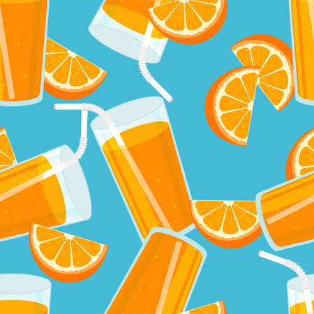 Orange juice seamless pattern. Summer banner concept. Blue background. Vector illustration.のイラスト素材