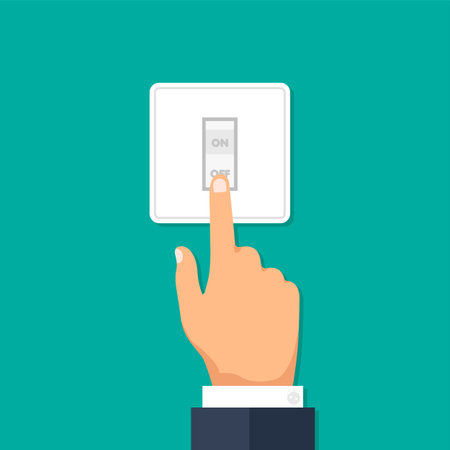 Hand with forefinger pushing switch. Light on or off. Electric button. Vector illustration in trendy flat style. Front view.のイラスト素材