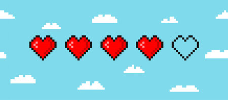 Pixel game life bar isolated on cloud background. Vector art 8 bit health heart bar. Gaming controller, symbols set.のイラスト素材