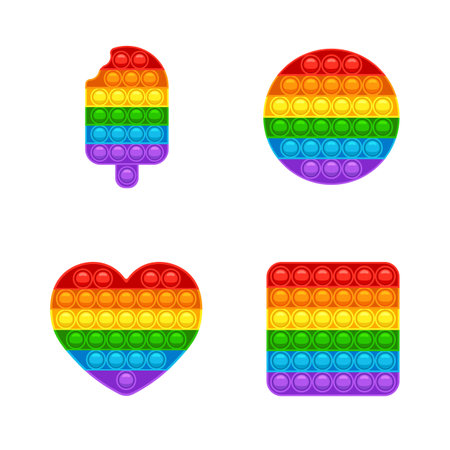 Set of fidget pop-it. Trendy anti-stress game for kids and adults. Hand toy with push bubbles in rainbow colors. Vector illustration isolated on white background.のイラスト素材