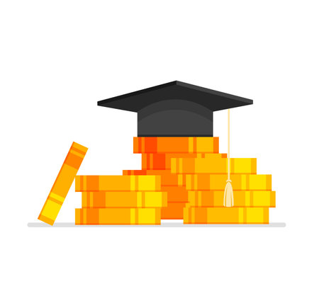 Expensive education concept. Graduation hat on coins heap. University or college learning fee. Vector illustration isolated on white background.のイラスト素材