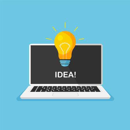 Light bulb with rays shine on laptop monitor. Idea concept. Vector illustration.のイラスト素材