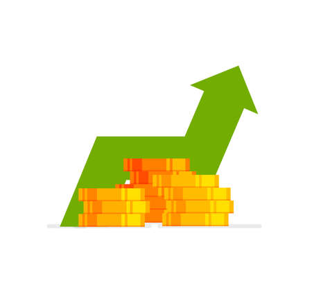 Up arrow stocks graph. Money profit. Financial growth concept with stack of gold coins. Business success, investment income, capital gains, benefits. Vector illustration isolated on white background.のイラスト素材