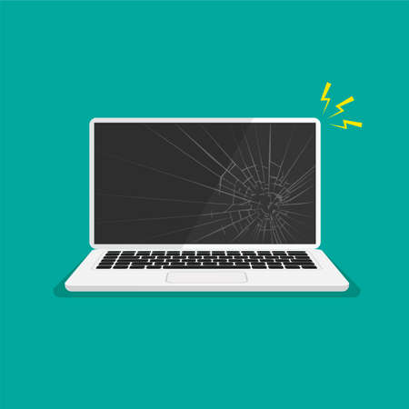 Cracked monitor. Black broken laptop display. Repair computer. Vector illustration in trendy flat style.のイラスト素材