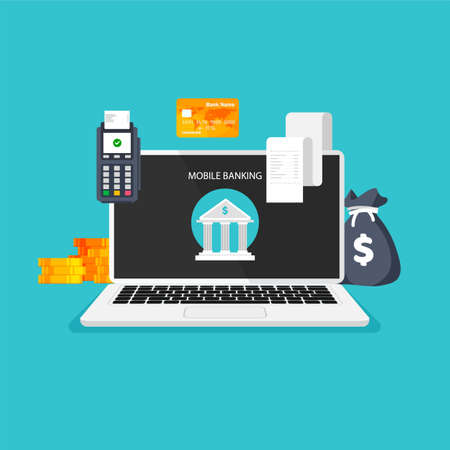 Online banking concept. Money transaction, business and mobile payment. Computer monitor with bank icon on screen. Vector illustration in trendy flat style.のイラスト素材