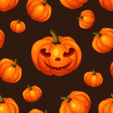 Pumpkins on dark background. Happy Halloween day poster or banner. Autumn holidays concept. Isolated vector Illustration. Scary pumpkin with a grimaceのイラスト素材