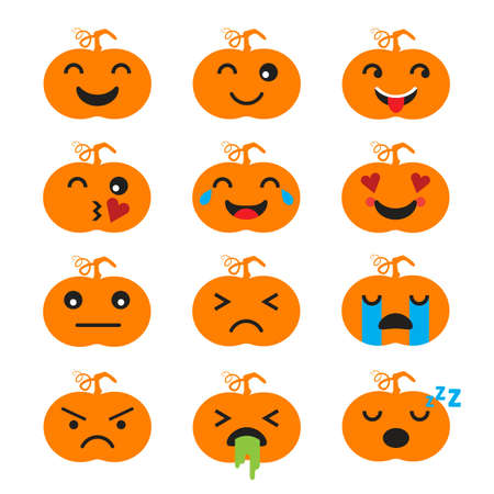 Set of flat cartoon vector emoji isolated on white background. Pumpkin emotions concept. Faces with different facial expressions. Icon collection emoji.のイラスト素材