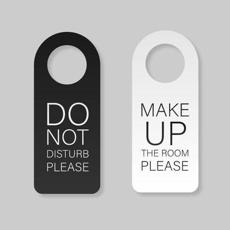 Black and white paper door handle lock hangers. Plastic doors hanger template. Vector illustration isolated on transparent background.のイラスト素材
