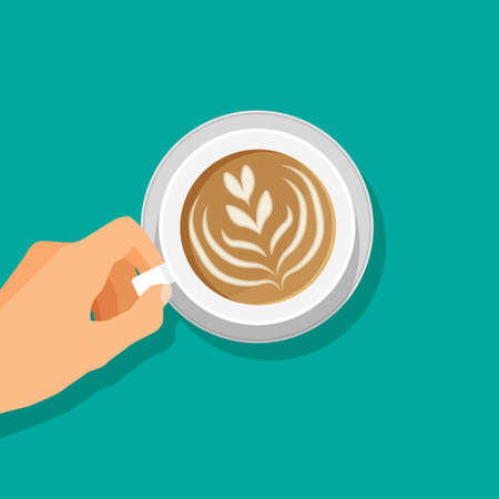 Hand holds hot coffee cup. Cappuccino or latte macchiato drink icon. Top view. Vector illustration in trendy flat style.のイラスト素材