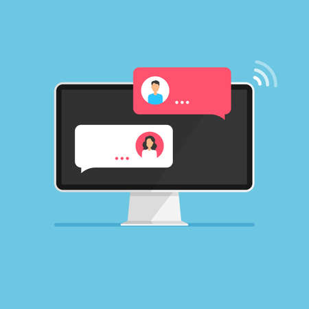 Online chat concept. Dialog speech boxes on monitor screen. Chatting on computer display. Flat design of messaging bubbles. Vector illustration.のイラスト素材