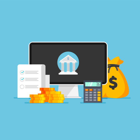 Online banking concept. Money transaction, business and mobile payment. Computer monitor with bank icon on screen. Vector illustration in trendy flat styleのイラスト素材