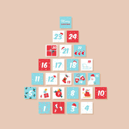 Vector Christmas advent calendar. Winter holidays poster with dates. Cute decoration xmas day celebration.のイラスト素材