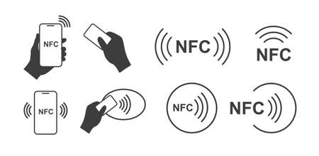 Nfc icon set. Contactless wireless pay sign. Phone and credit card touch. Vector illustration isolated on white background.のイラスト素材