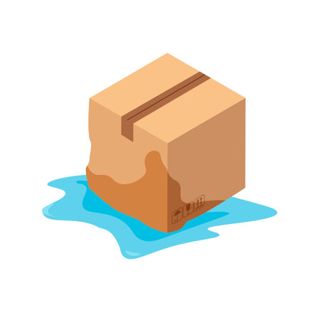 Damaged cardboard box. Wet broken parcel. Puddle on the floor. Isometric vector illustration isolated on white background.のイラスト素材