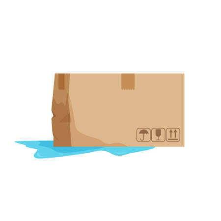 Damaged cardboard box. Wet broken parcel. Puddle on the floor. Isometric vector illustration isolated on white background.のイラスト素材