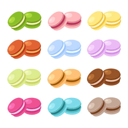Different flavors and colors of macarons. Traditional french almond cookies in trendy flat style. Vector illustration isolated on white background.のイラスト素材