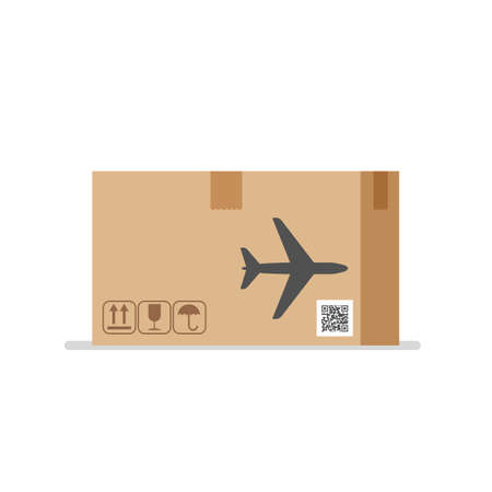 Brown cardboard box. Cargo parcel. Plane or aircraft delivery. Vector illustration isolated on white backgroundのイラスト素材