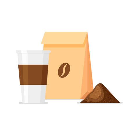 Coffee in craft paper packaging with your label. Vector template for coffee shop. take away cup.のイラスト素材