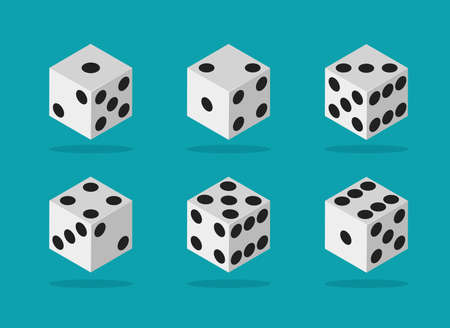 Isometric white dice for casino, craps and poker. Vector gambling games design. Cubes with different black dotsのイラスト素材