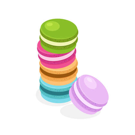 Heap of different colors macarons. Traditional french almond cookies pile. Vector illustration isolated on white background.のイラスト素材