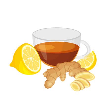 Black tea in glass cup with ginger and lemon. fresh ginger root. health eating. Vegan illustration in trendy flat style isolated on white background.のイラスト素材
