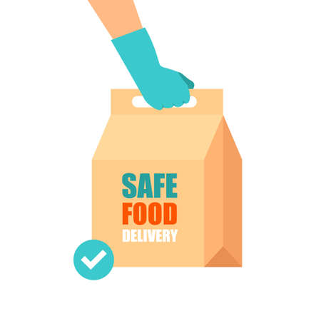 Safe food delivery during pandemic. Hand in gloves. Craft paper package with groceries. Infographic flat design for apps and websites. Vector illustration isolated on white background.のイラスト素材