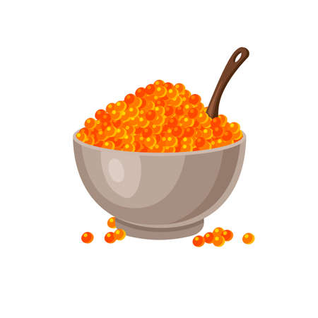 Red salmon caviar in a bowl with wood spoon. Fish roe - healthy luxury delicacy. Vector illustration isolated on white backgroundのイラスト素材
