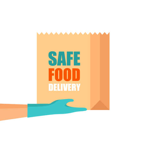 Safe food delivery during  pandemic. Hand in gloves. Craft paper package with groceries. Infographic flat design for apps and websites. Vector illustration isolated on white background.のイラスト素材