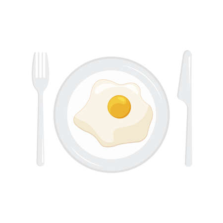 Scrambled egg on a plate with fork and knife. Fried eggs. Omelette icon. Vector illustration isolated on white background.のイラスト素材