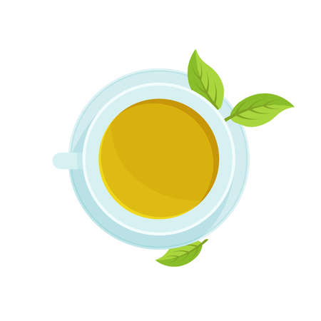 Green tea in cup with leaves. top view. health lifestyle. Vegan illustration in trendy flat style isolated on white background.のイラスト素材