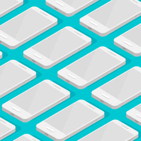 White isometric smartphones with blank displays. Phone templates in a row. business presentation mockup. vector illustration.のイラスト素材