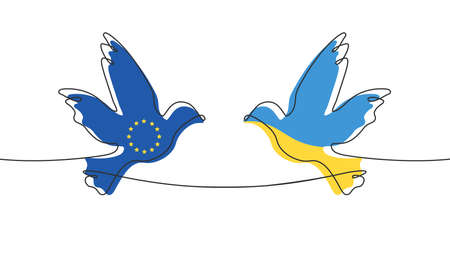 Ukraine connect with European Union. unification concept. bird line icon. Ukrainian flag colors dove. Vector illustration isolated on white backgroundのイラスト素材