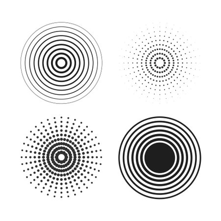 identification process. abstract background. Black rings sound wave and line with points in a circle. sound waves wallpaper. radio station signal. Circle spin vector set.のイラスト素材