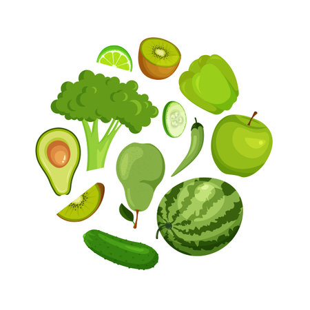 Mixed fruits and vegetables in green colors. Healthy lifestyle food concept. Circle composition of green food. Vector illustration isolated on white background.のイラスト素材
