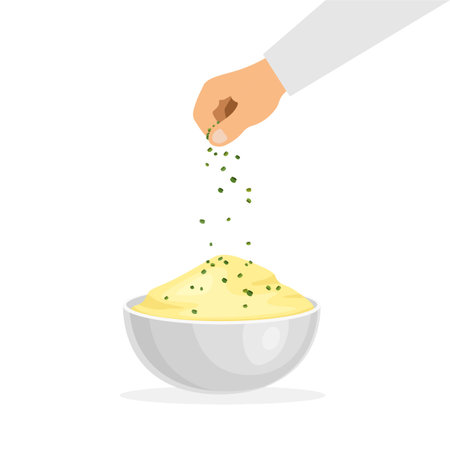 Cooked potatoes. Puree bowl or plate. Hand sprinkles salt and seasoning. Vector illustration isolated on white background.のイラスト素材