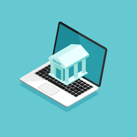 online banking. Money transaction, business and mobile payment. Open laptop with bank building icon...