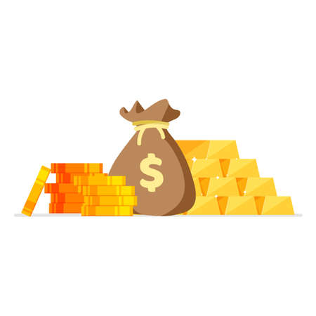 Stack of shiny gold bars or ingots and money bag with coins. business concept. Icon for web, games, apps. Vector illustration isolated on white background.のイラスト素材