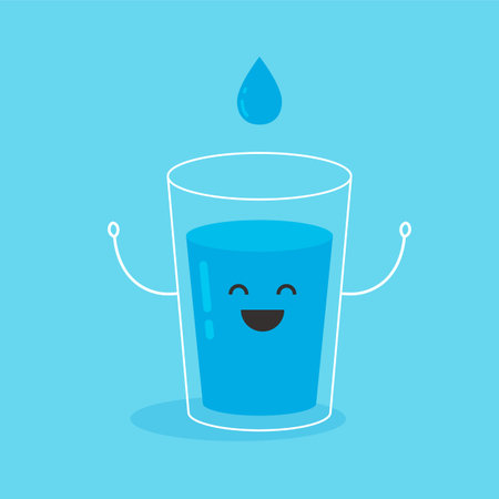 Cartoon funny glass of water. Smile face at full drink. Vector illustration isolated on blue...