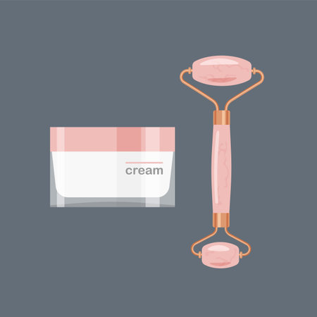 Rose quartz face massage roller and moisturizing face cream. cosmetic product template. Vector illustration isolated on dark background.のイラスト素材