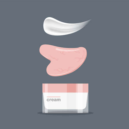 Rose quartz face massage roller, gua sha and moisturizing face cream. Lotion swatch or smear. cosmetic product template. Vector illustration isolated on dark backgroundのイラスト素材