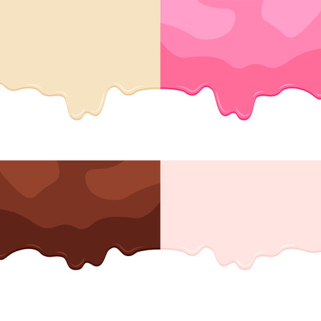 Vanilla, chocolate, strawberry or milk cream melted on white background. Sweet ice cream template or mockup. vector illustration.のイラスト素材
