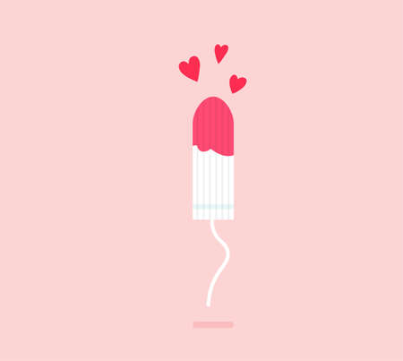 Feminine white tampon with spot of blood. menstruation days. Girl hygiene product. Vector illustration in trendy flat style isolated on pink background.のイラスト素材