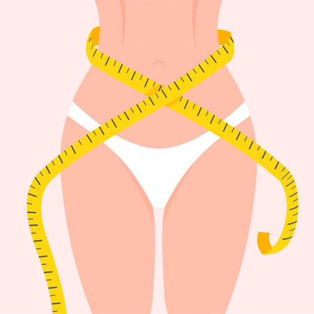 Slim woman body with tape measure entwined around. Losing weight concept. Perfect toned young girl. Vector illustration isolated.のイラスト素材