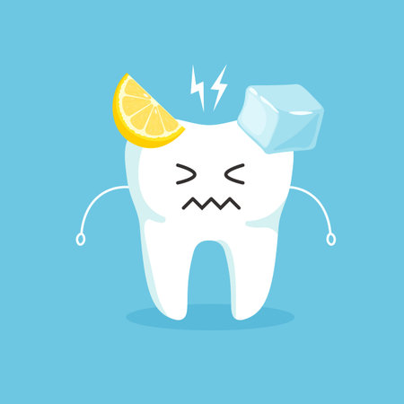 Sensitive cartoon teeth with ice and lemon. Dental care concept. Vector illustration isolated on...