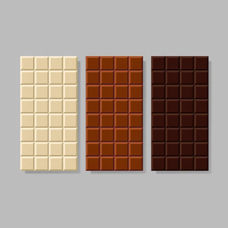 Set of dark, milk and white chocolate bar. Dessert template. Vector illustration mockup isolated on grey.のイラスト素材