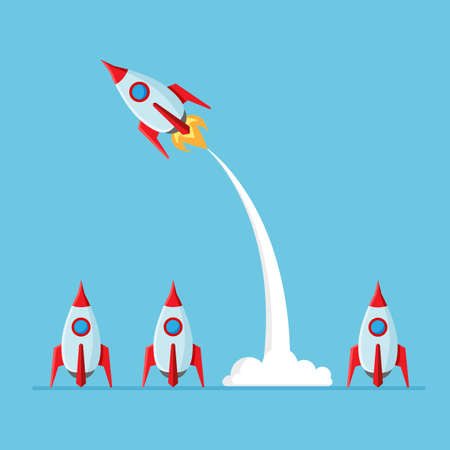 Think and be different. Rocket launch in a flat style isolated on blue background. Concept of taking risks. vector illustration.のイラスト素材
