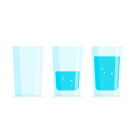 Three glass of water. Full, half and empty. Drink more water concept. Vector illustration isolated on white background.のイラスト素材